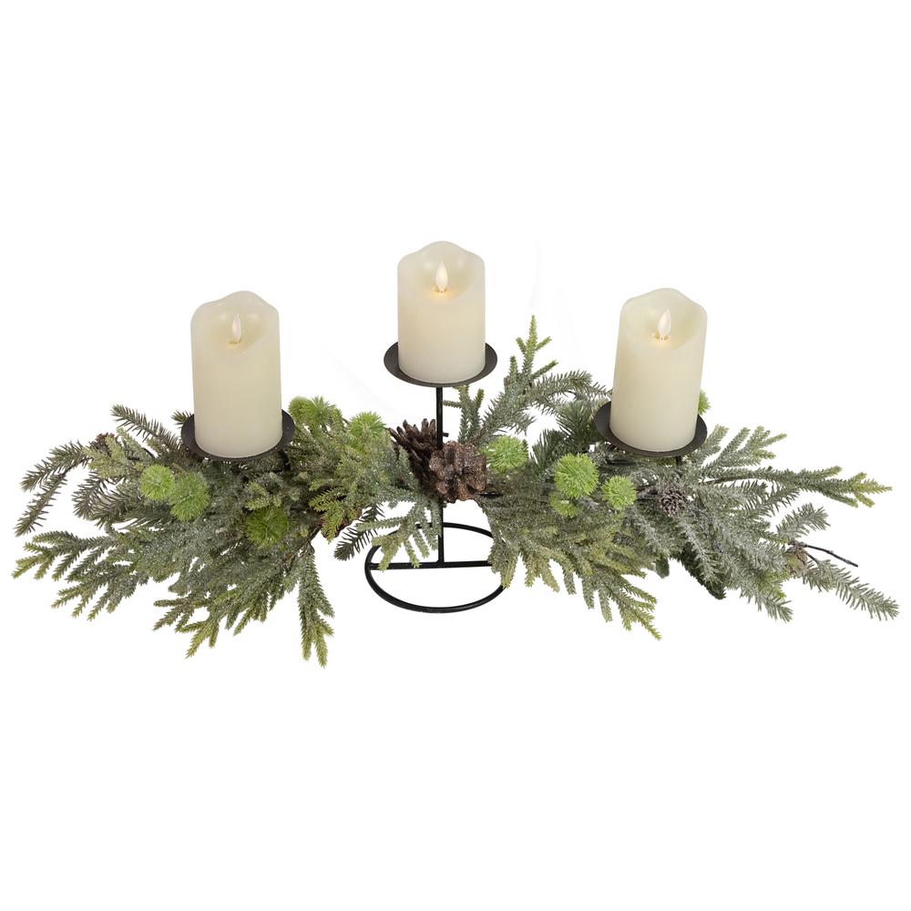26" Triple Candle Holder with Frosted Foliage and Pine Cones Christmas Decor. Picture 1
