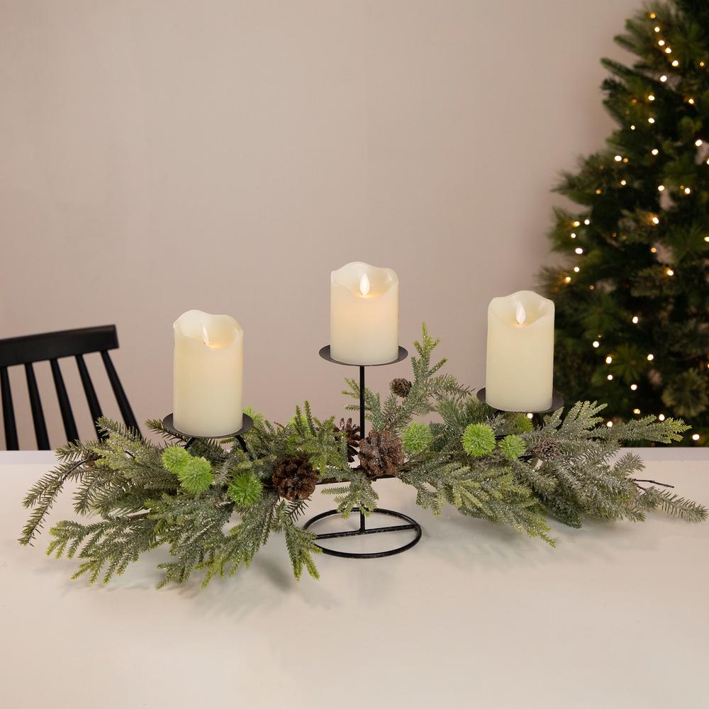 26" Triple Candle Holder with Frosted Foliage and Pine Cones Christmas Decor. Picture 3
