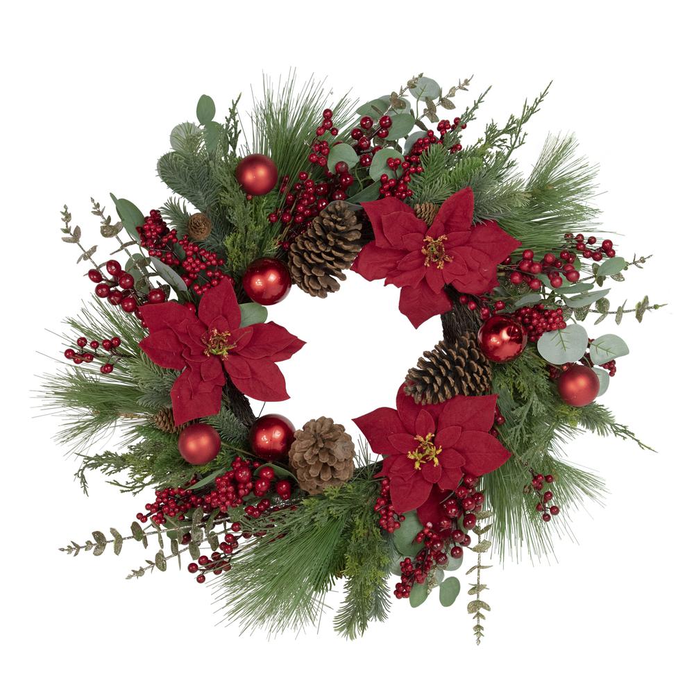 Artificial Red Berry and Poinsettia Christmas Wreath  28-Inch  Unlit. Picture 1