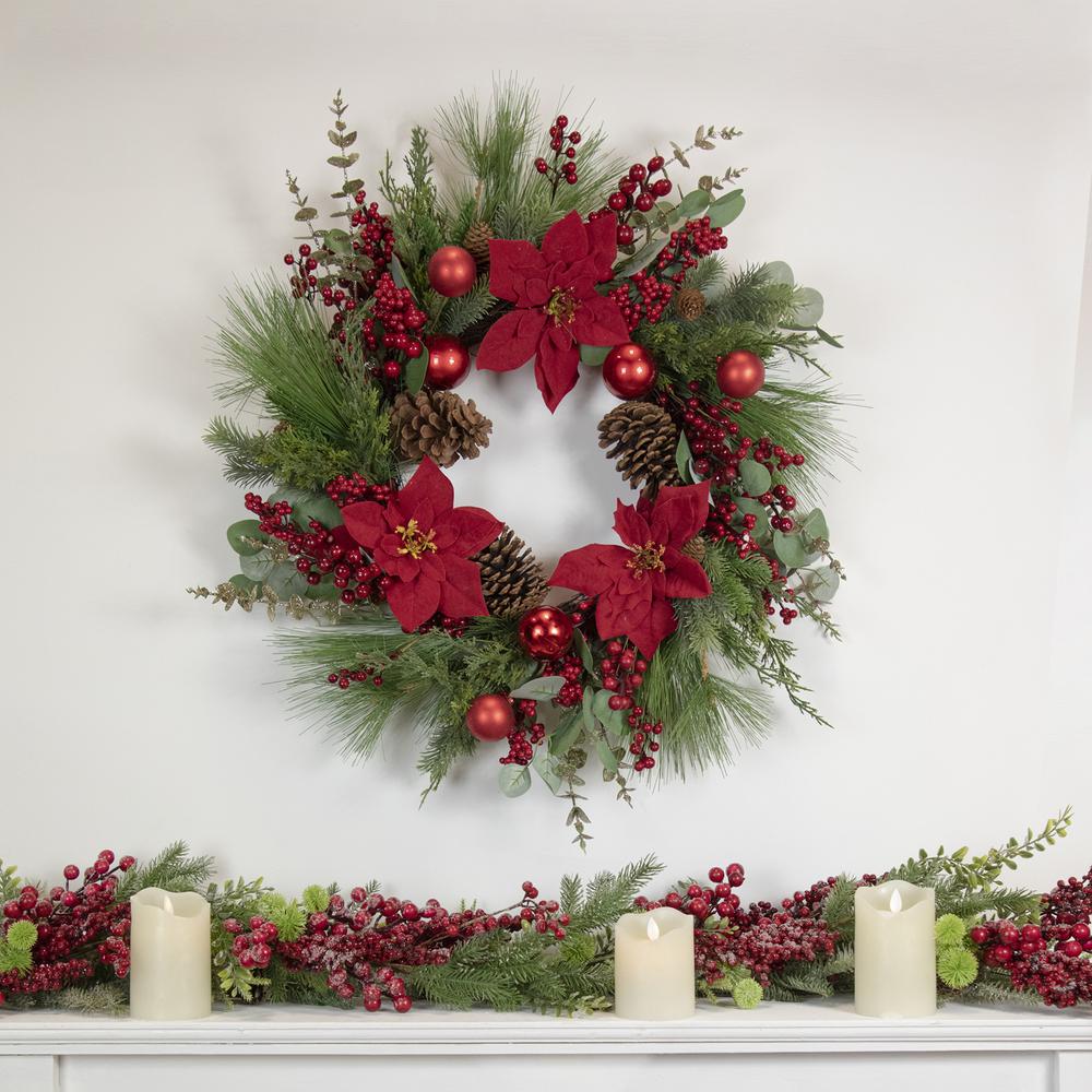 Artificial Red Berry and Poinsettia Christmas Wreath  28-Inch  Unlit. Picture 2