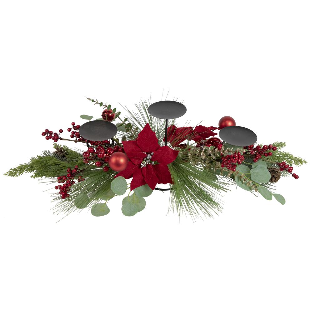 32" Triple Candle Holder with Red Berry and Poinsettia Christmas Decor. Picture 2