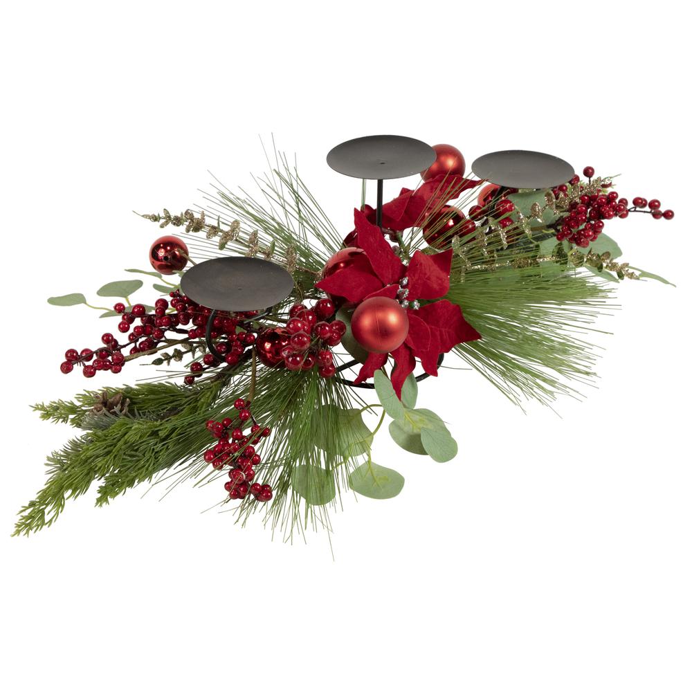 32" Triple Candle Holder with Red Berry and Poinsettia Christmas Decor. Picture 4