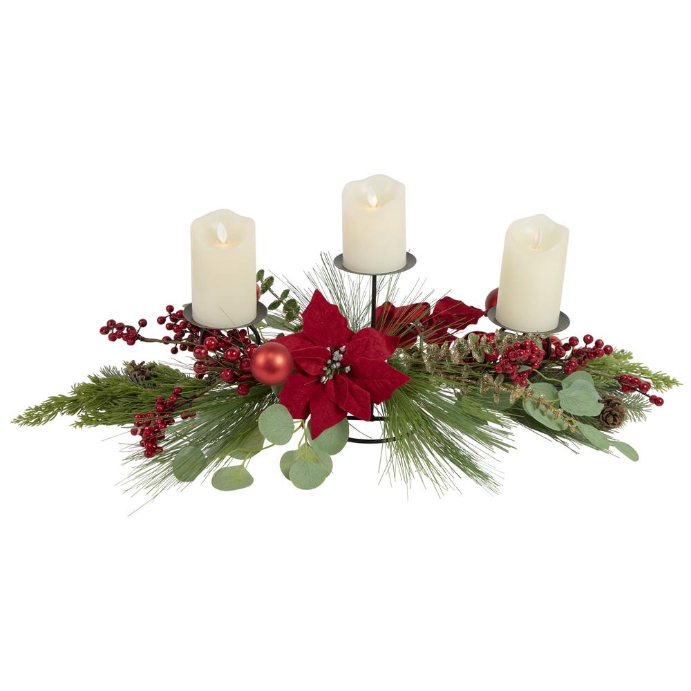 32" Triple Candle Holder with Red Berry and Poinsettia Christmas Decor. Picture 1