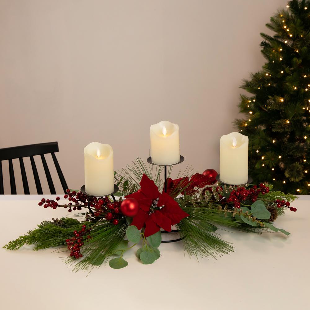 32" Triple Candle Holder with Red Berry and Poinsettia Christmas Decor. Picture 3
