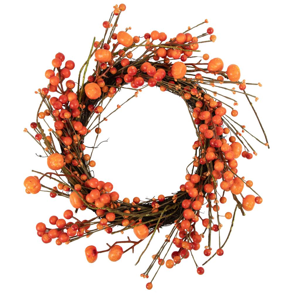 Red and Orange Berries with Mini Pumpkins Fall Harvest Wreath  20-Inch  Unlit. Picture 1