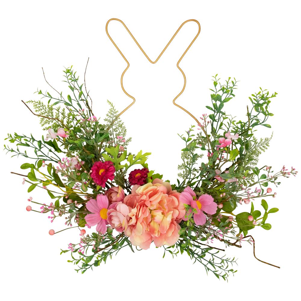 Bunny and Peony Mixed Floral Wall Hanging Easter Decoration - 16"  - Pink. Picture 1