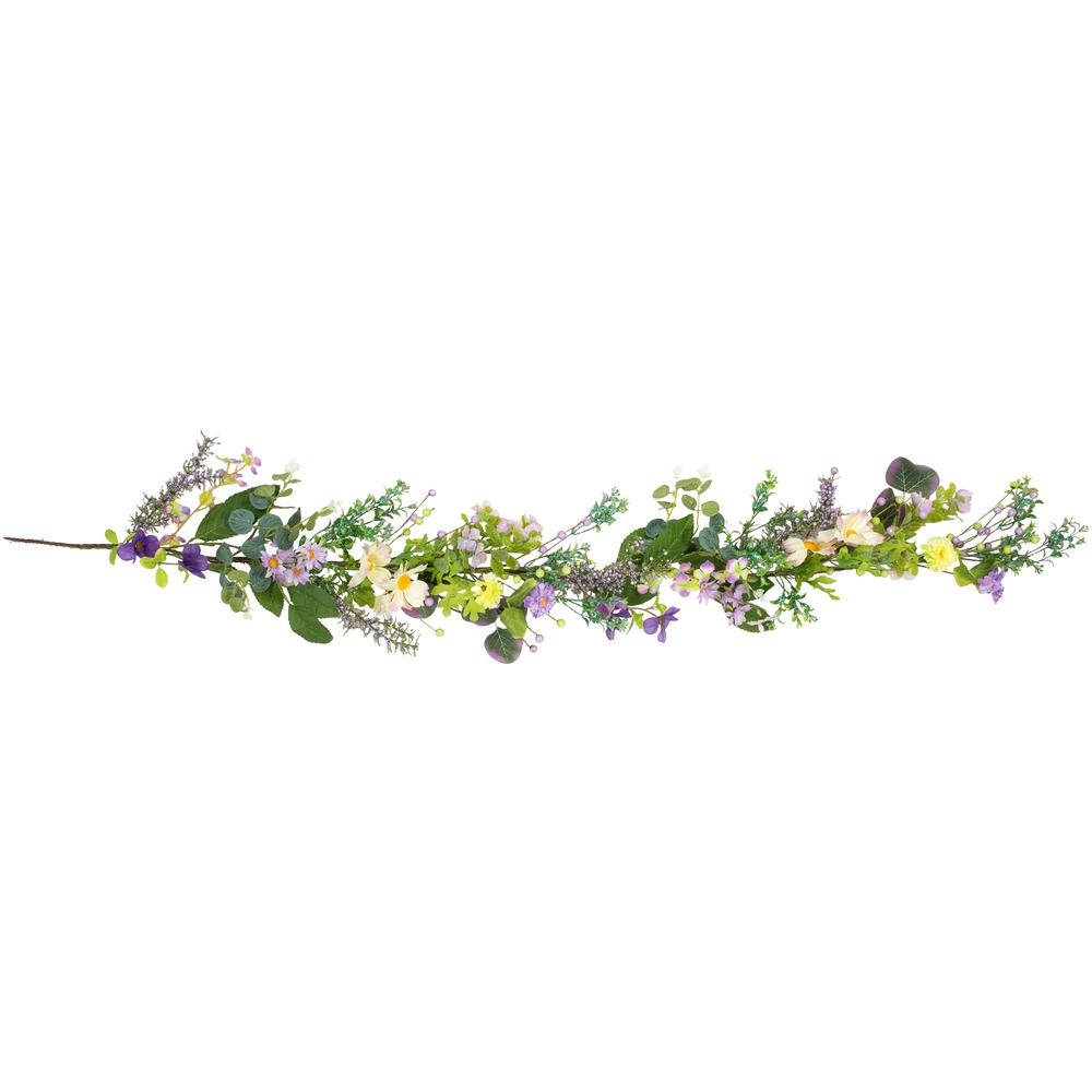Daisy and Mixed Foliage Floral Spring Garland - 5' - Purple. Picture 1