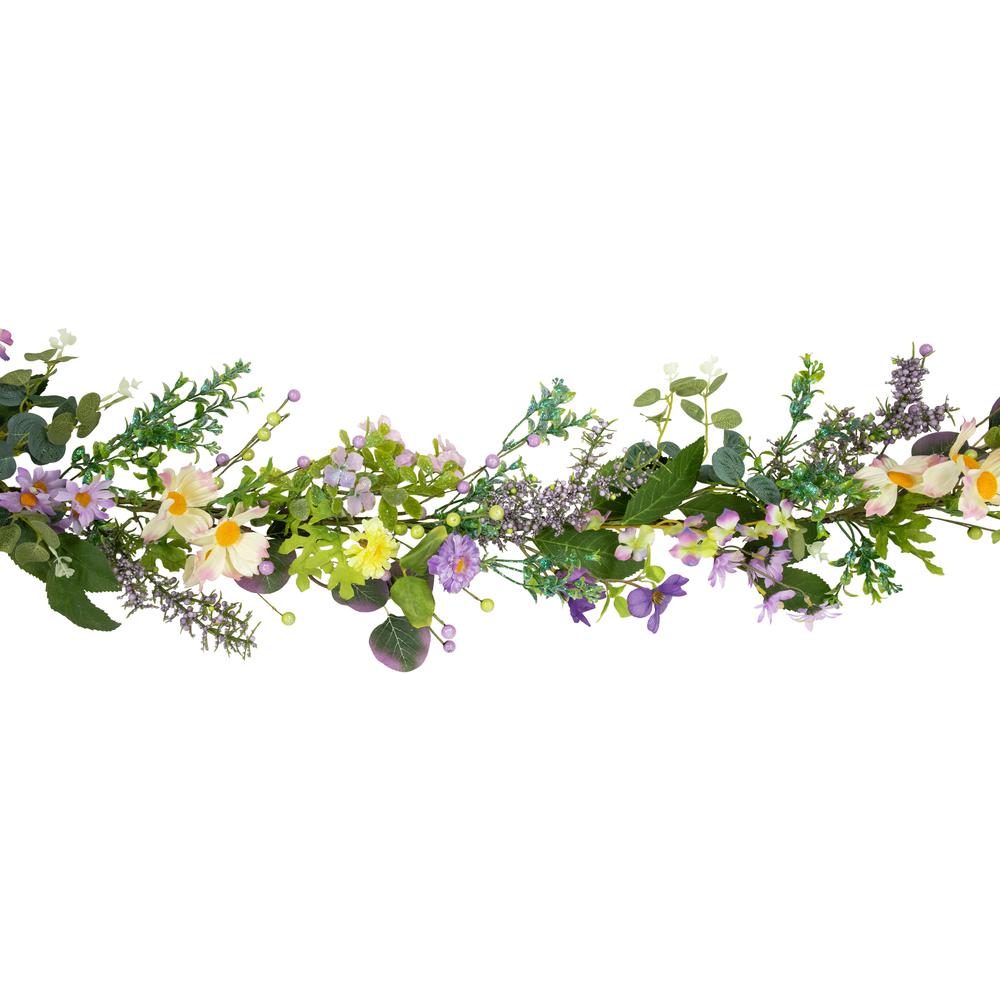 Daisy and Mixed Foliage Floral Spring Garland - 5' - Purple. Picture 2