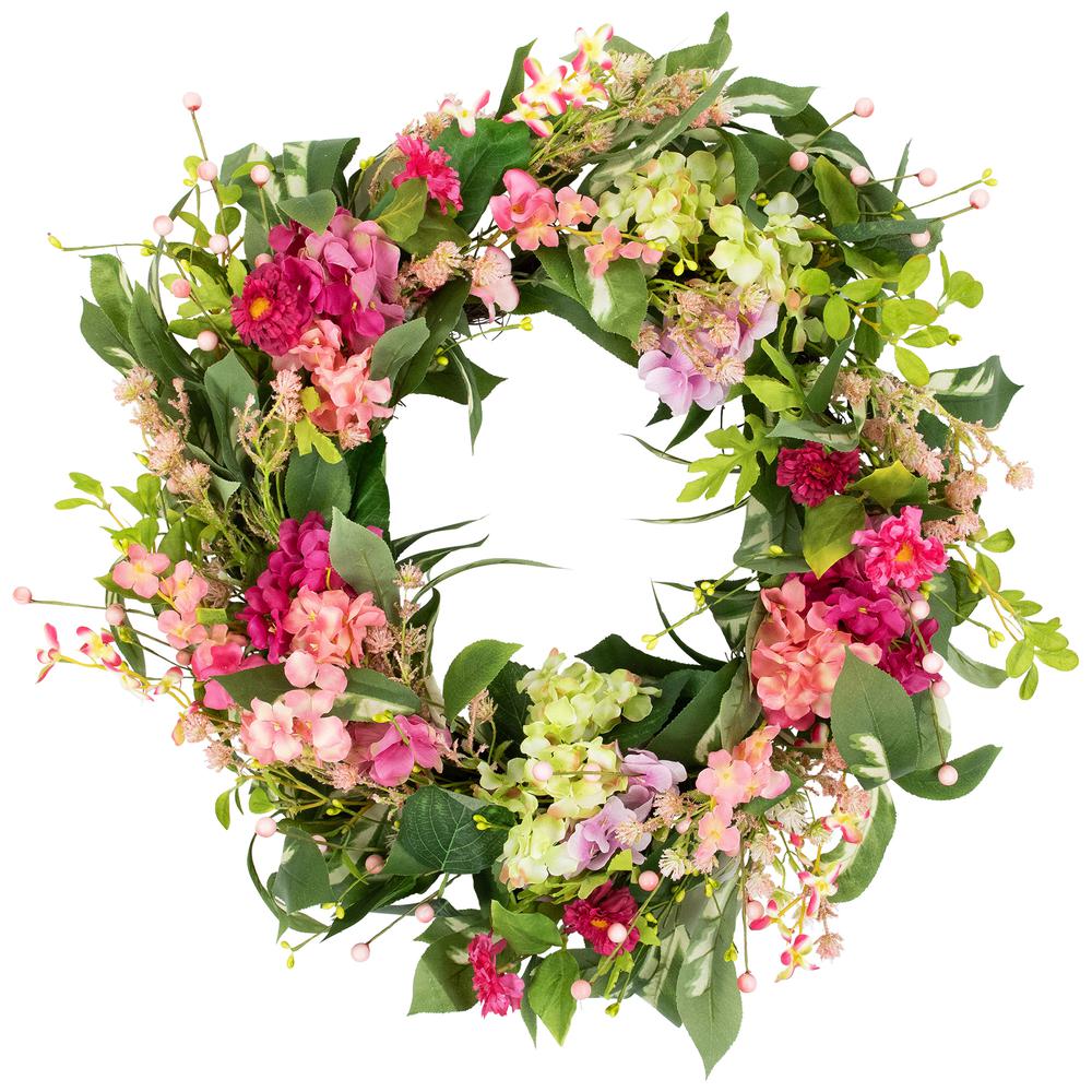 Leafy Hydrangea Floral Spring Wreath - 24" - Pink. Picture 1