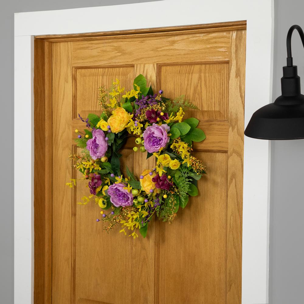 Peonies and Forsythia Spring Wreath - 24" - Yellow and Purple. Picture 6