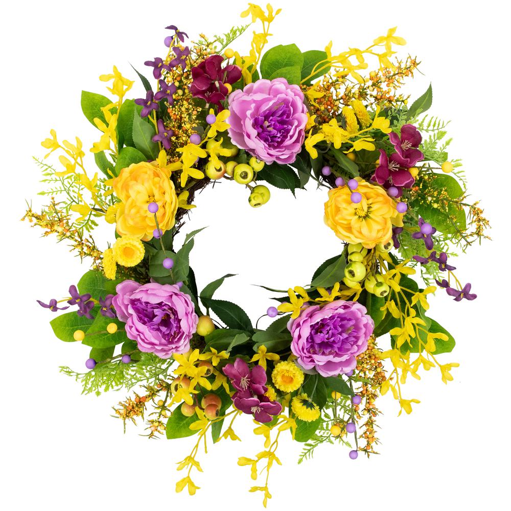 Peonies and Forsythia Spring Wreath - 24" - Yellow and Purple. Picture 1