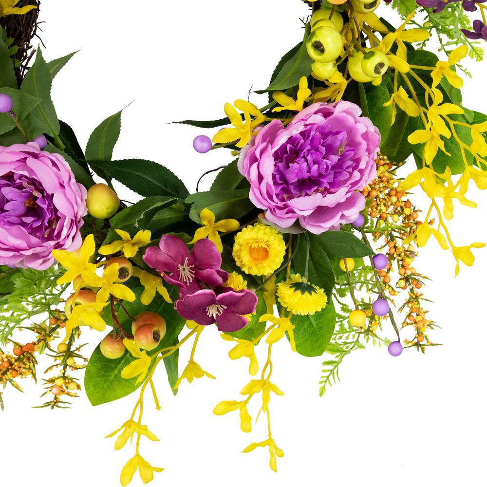 Peonies and Forsythia Spring Wreath - 24" - Yellow and Purple. Picture 4