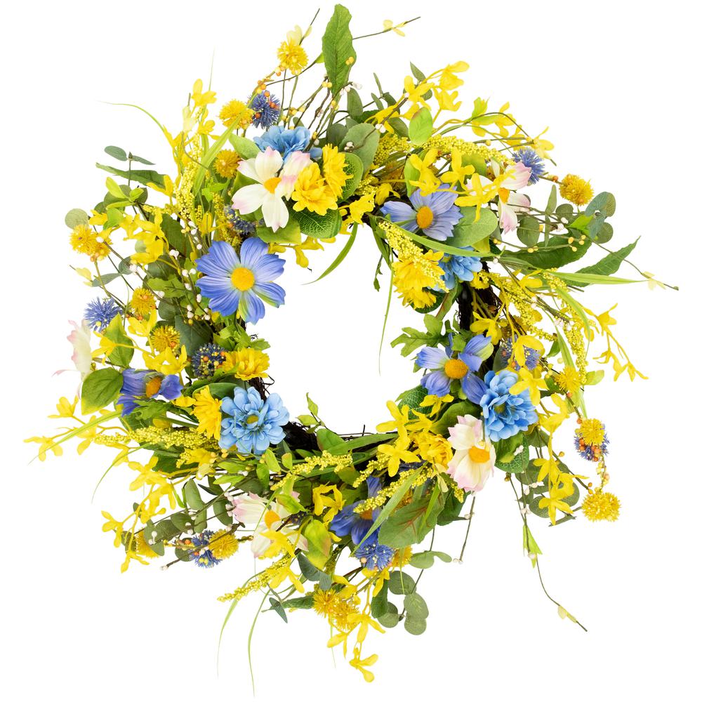 Daisy and Cosmos Floral Spring Wreath - 24" - Yellow and Blue. Picture 1