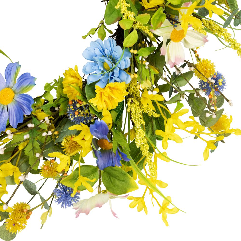 Daisy and Cosmos Floral Spring Wreath - 24" - Yellow and Blue. Picture 2