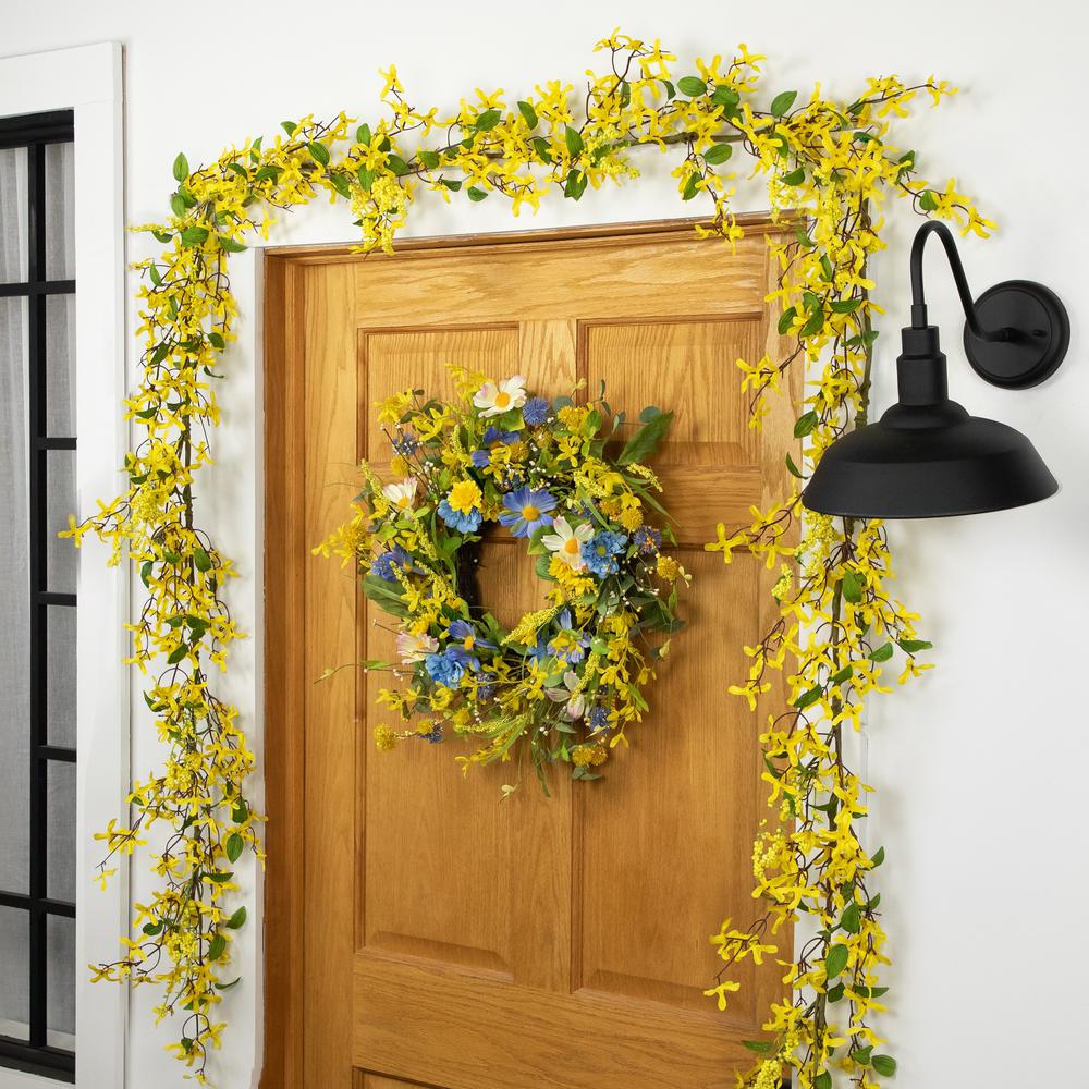 Daisy and Cosmos Floral Spring Wreath - 24" - Yellow and Blue. Picture 6