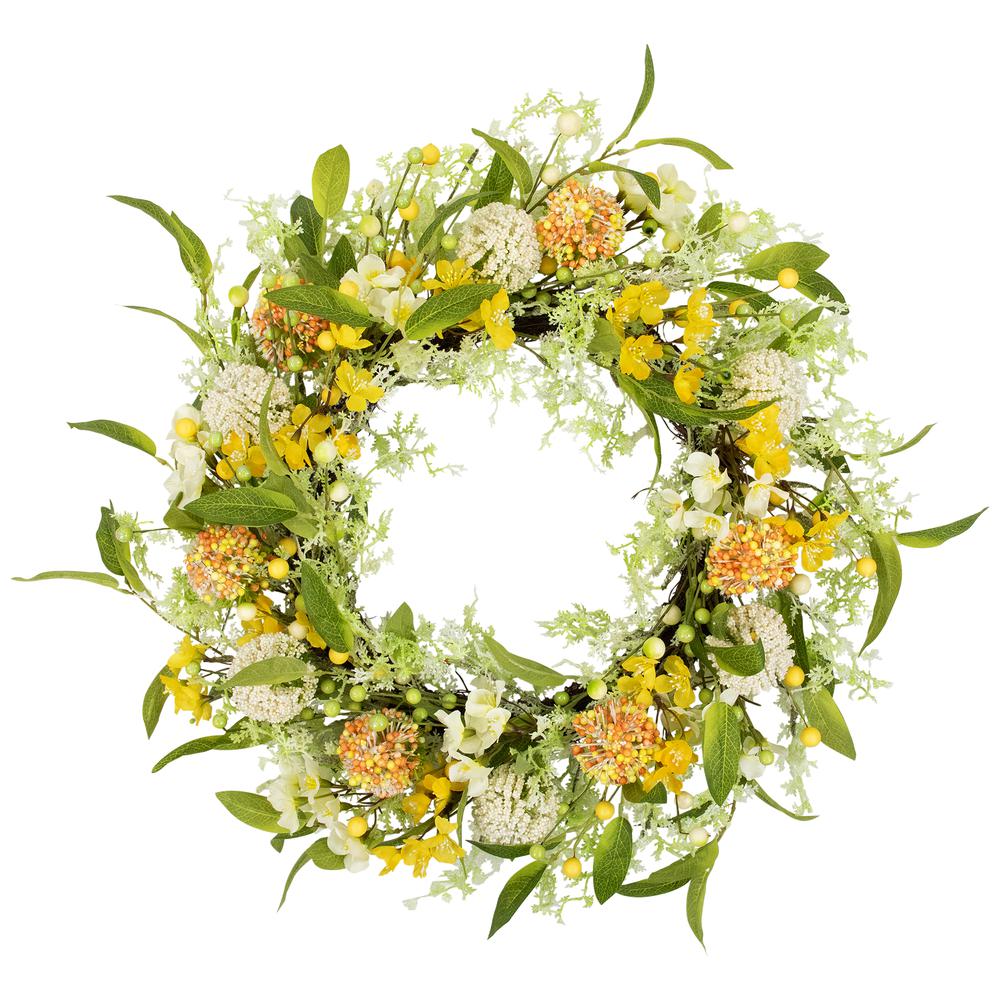 Berry and Thistle Floral Spring Wreath - 26" - Yellow and Orange. Picture 1