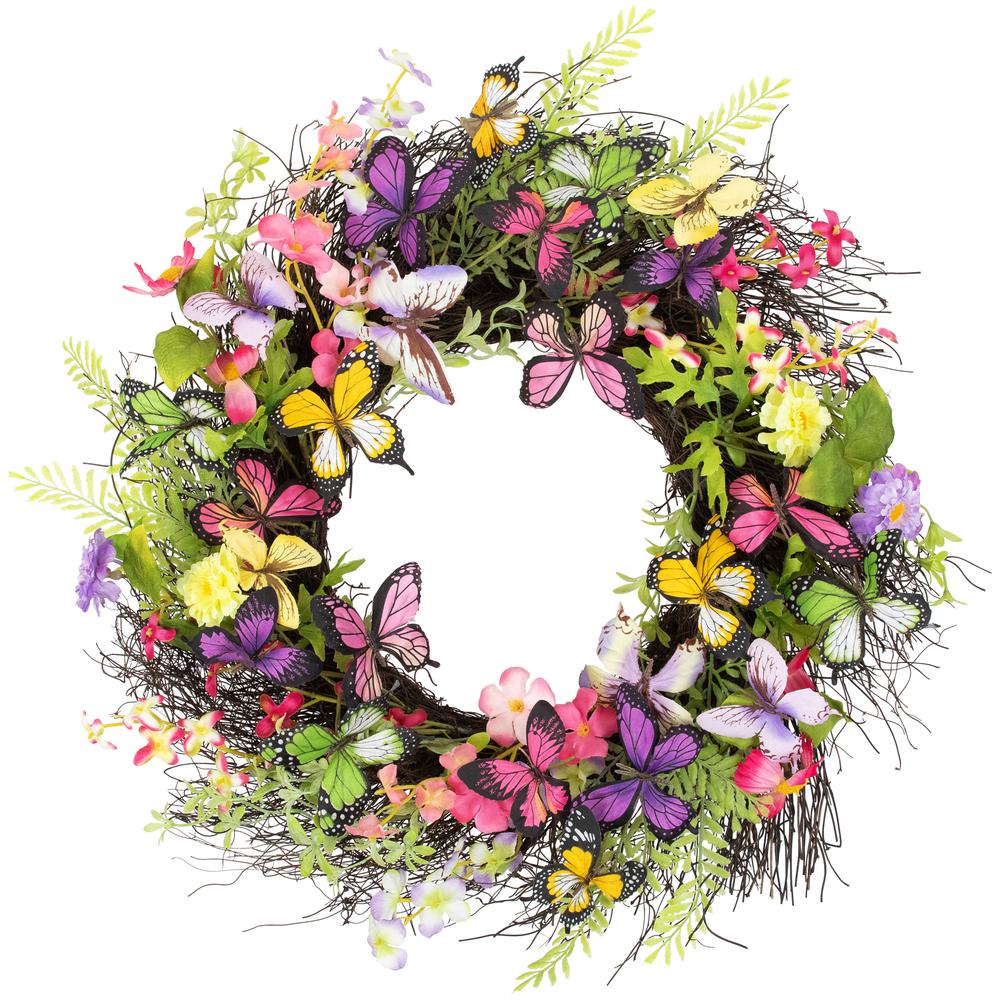 Butterfly and Wildflower Floral Twig Spring Wreath - 24". Picture 1