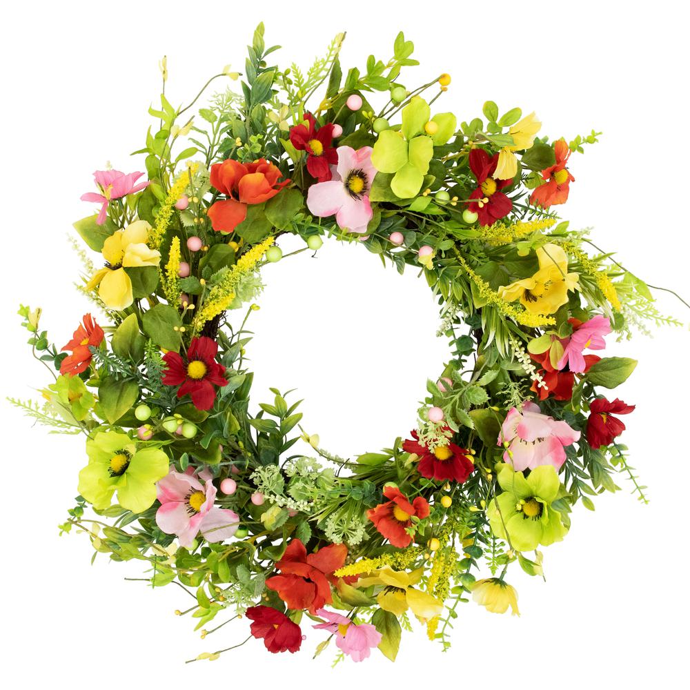 Poppy and Eucalyptus Spring Wreath - 26" - Red and Yellow. Picture 1