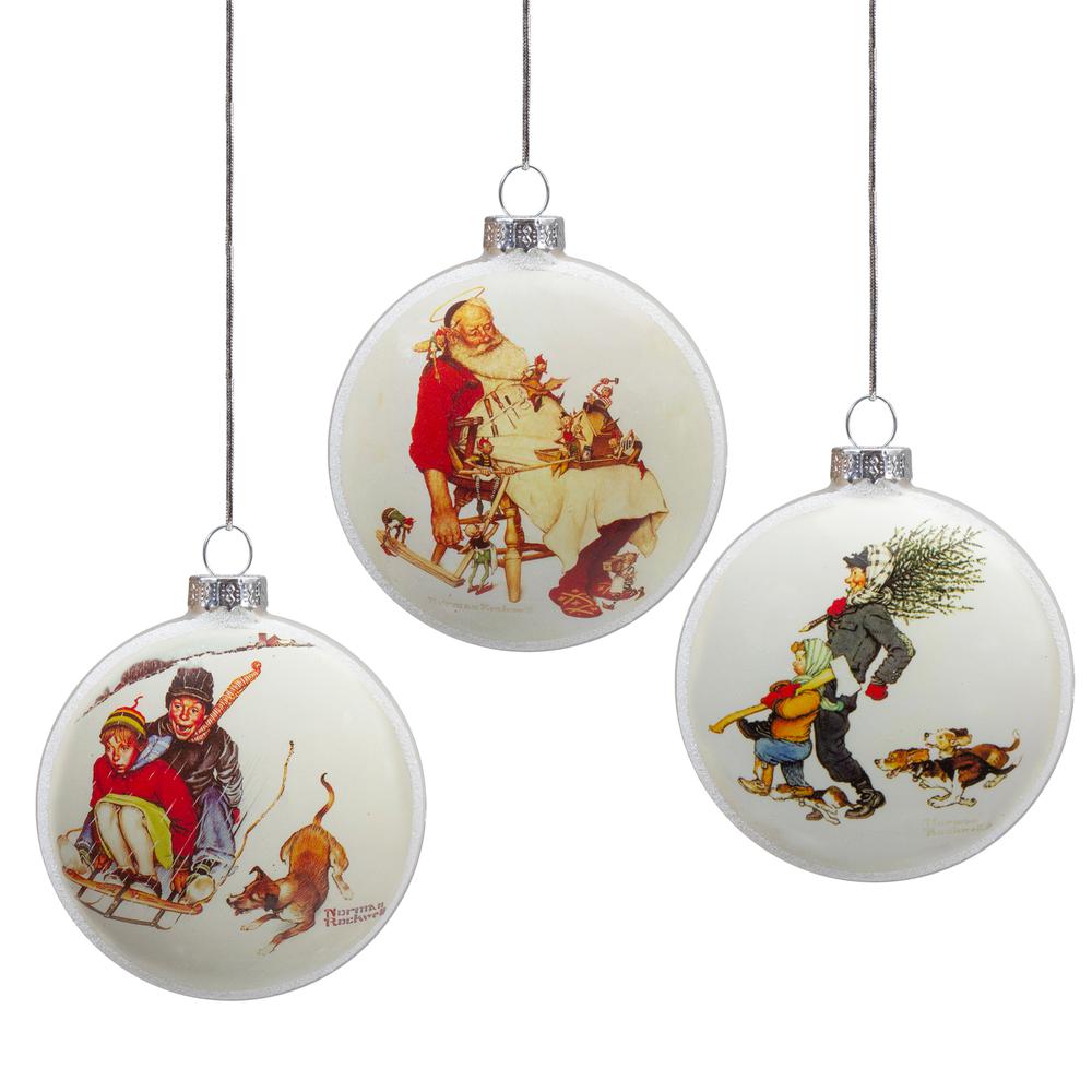 Set of 3 Norman Rockwell Glass Christmas Disc Ornament. Picture 1