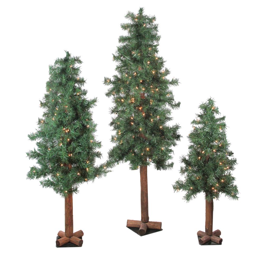 Set of 3 Pre-Lit Woodland Alpine Artificial Christmas Trees 5' - Clear Lights. Picture 1