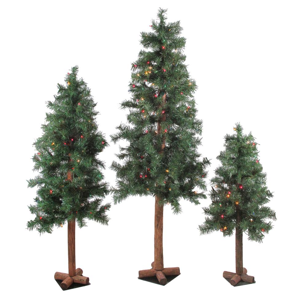 Set of 3 Pre-Lit Slim Woodland Alpine Artificial Christmas Trees 5' - Multicolor Lights. Picture 1