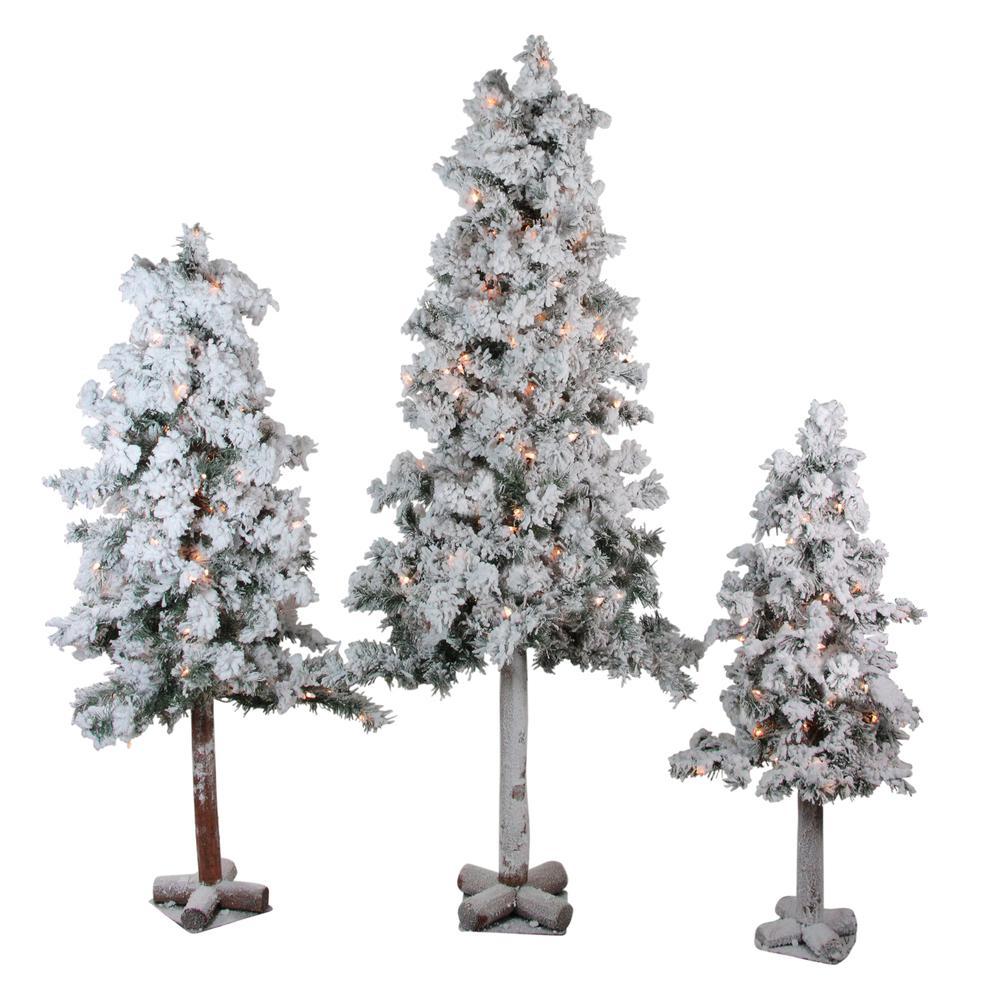 Set of 3 Pre-Lit Heavily Flocked Alpine Artificial Christmas Trees 5' - Clear Lights. Picture 1