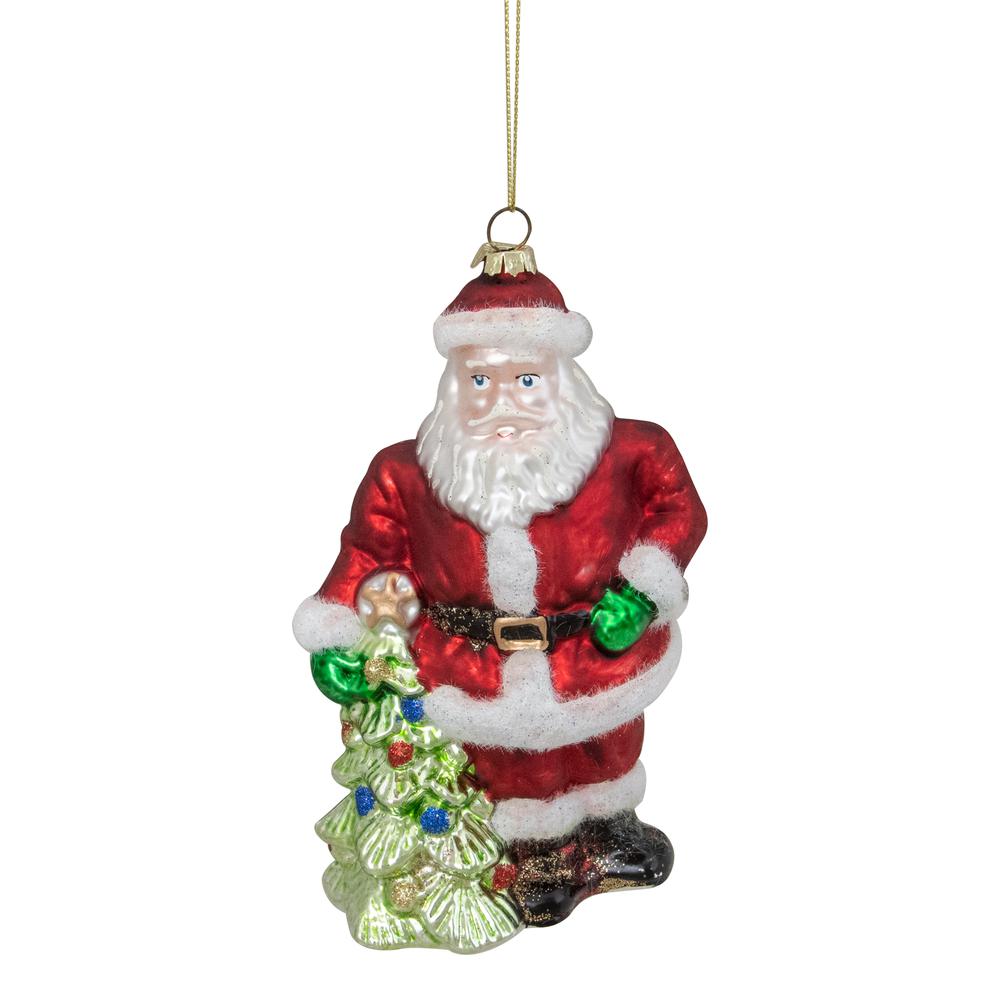 5.5" Classic Red Santa with Tree Hanging Glass Christmas Ornament. Picture 1