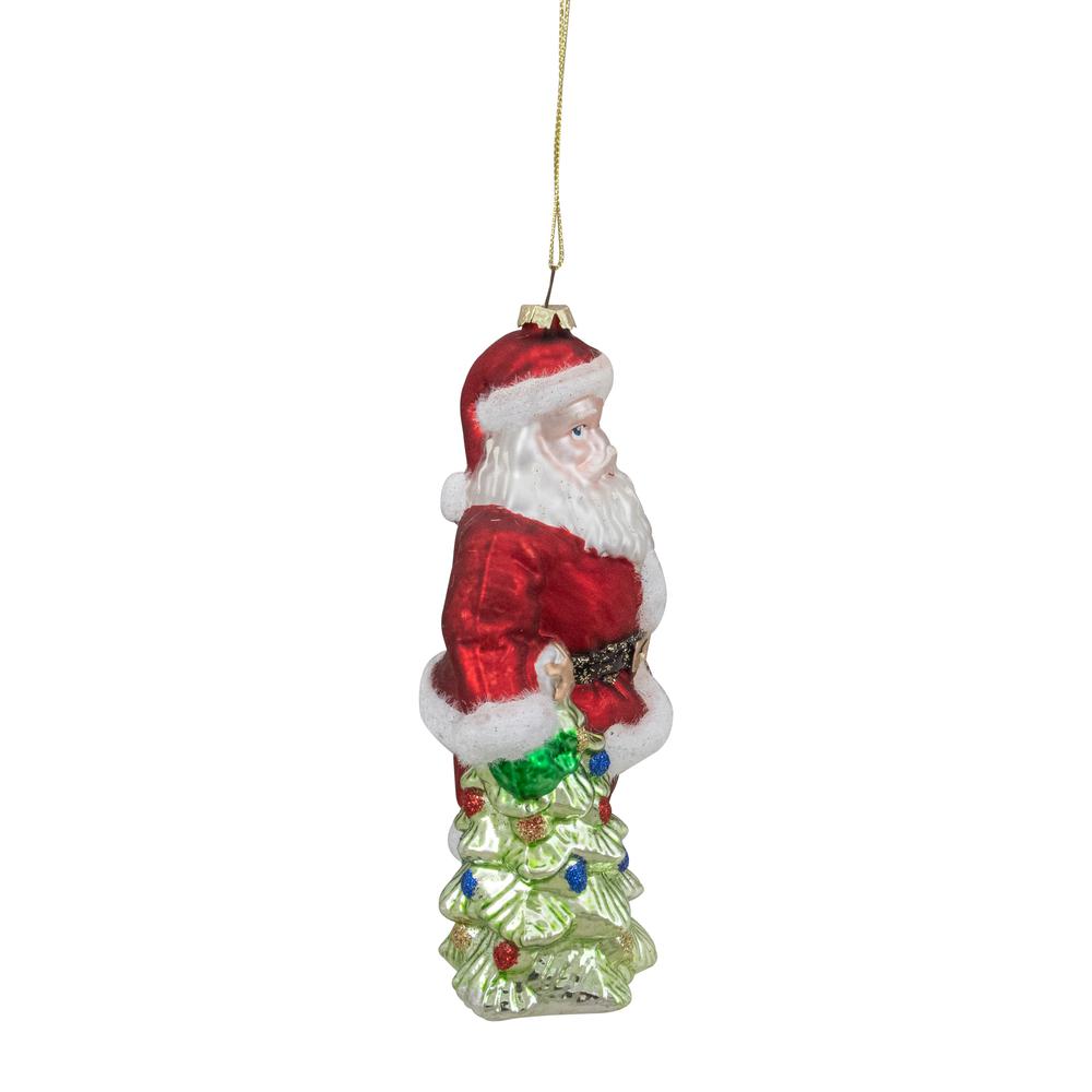 5.5" Classic Red Santa with Tree Hanging Glass Christmas Ornament. Picture 4