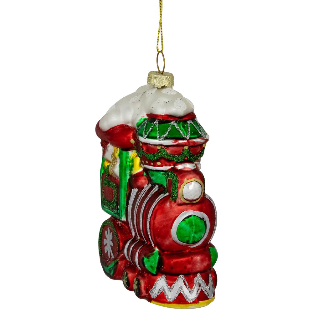 4.5" Red and Green Glittered Train Christmas Glass Hanging Ornament. Picture 1