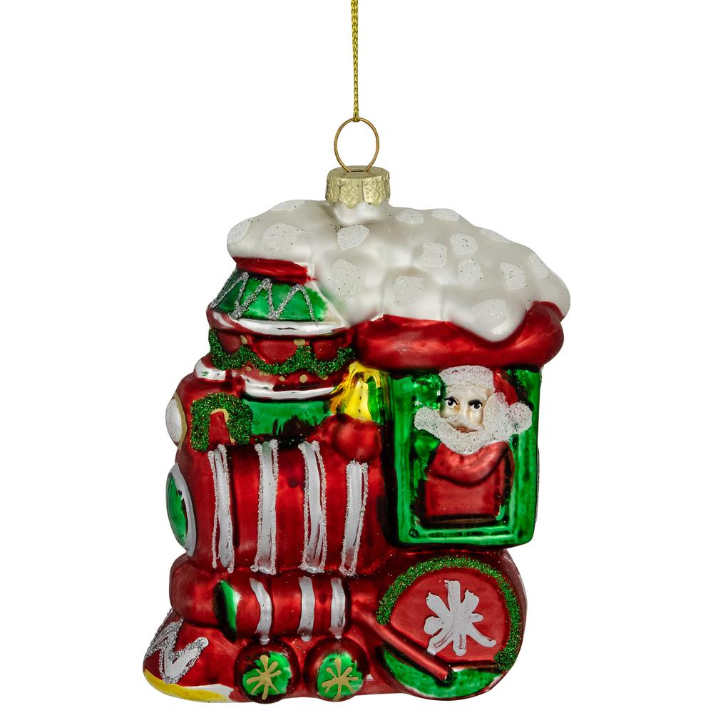 4.5" Red and Green Glittered Train Christmas Glass Hanging Ornament. Picture 3