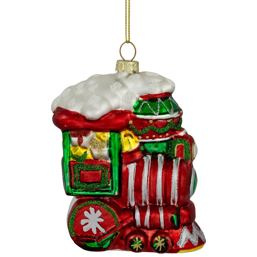 4.5" Red and Green Glittered Train Christmas Glass Hanging Ornament. Picture 4