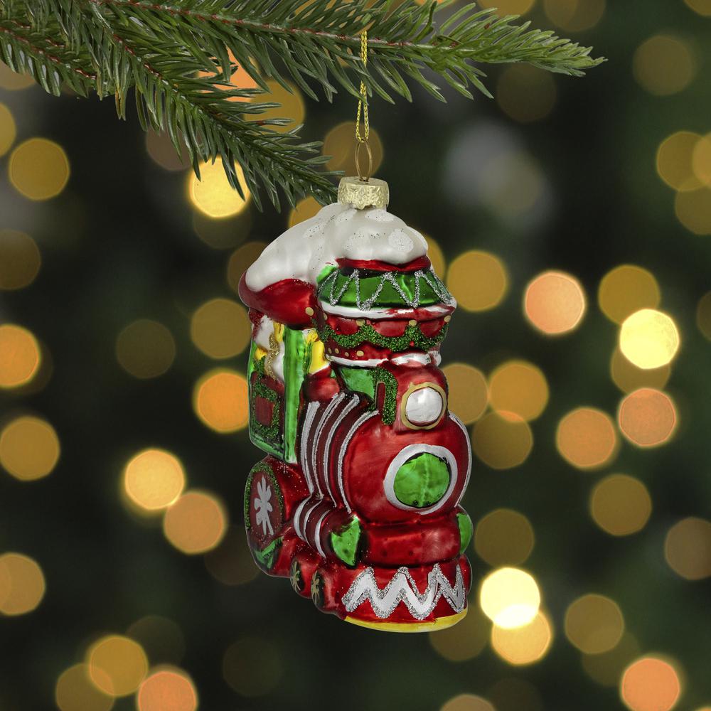 4.5" Red and Green Glittered Train Christmas Glass Hanging Ornament. Picture 2