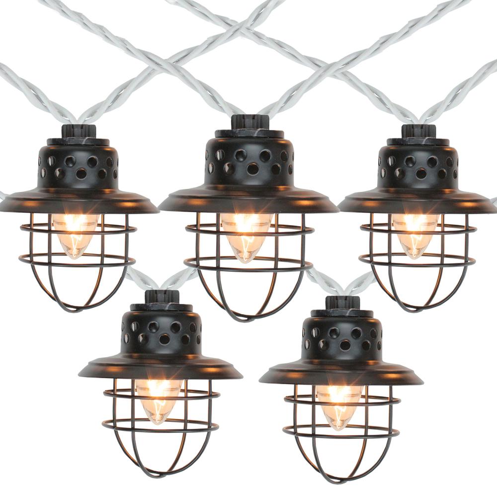 10-Count Black Caged Fisherman Lantern Patio String Light Set  9' White Wire. Picture 1