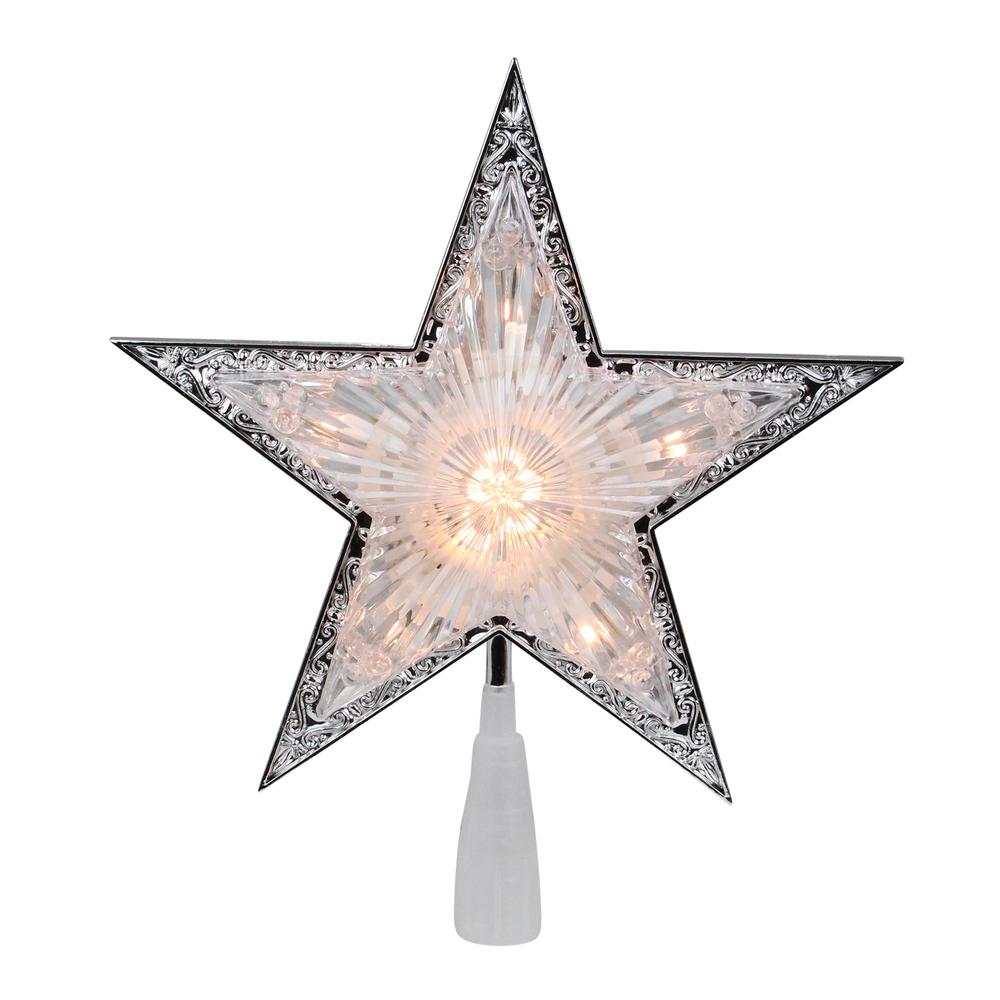 9" Silver and Clear Crystal 5 Point Star Christmas Tree Topper - Clear Lights. Picture 1
