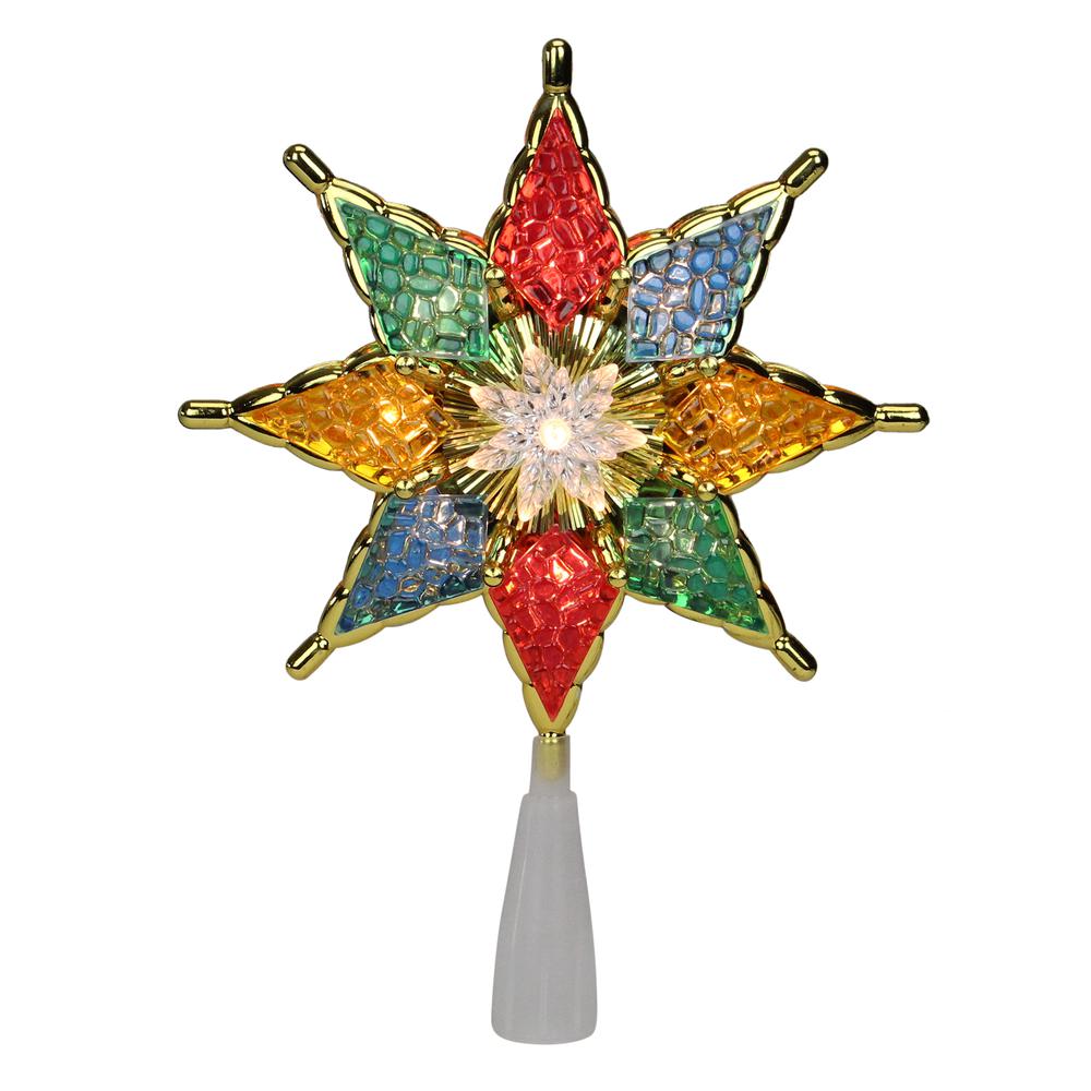 8" Red and Green Crystal 8-Point Star Christmas Tree Topper - Clear Lights. Picture 1