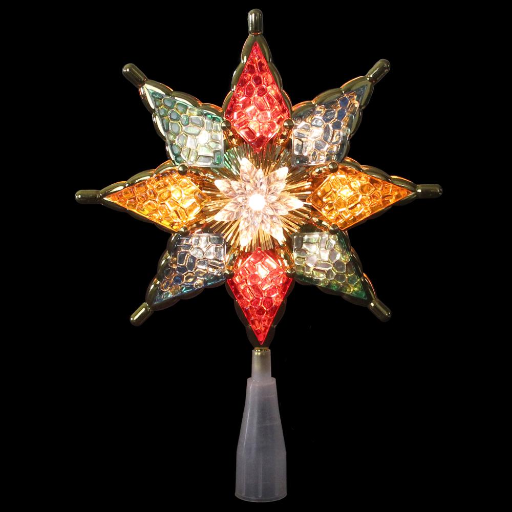 8" Red and Green Crystal 8-Point Star Christmas Tree Topper - Clear Lights. Picture 2