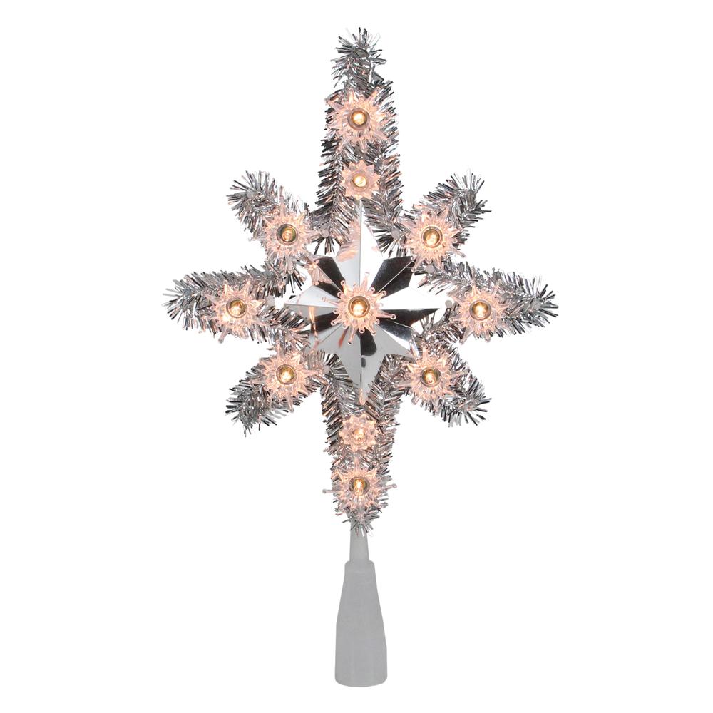 11" Silver Lighted Tinsel Star of Bethlehem Christmas Tree Topper - Clear Lights. Picture 1