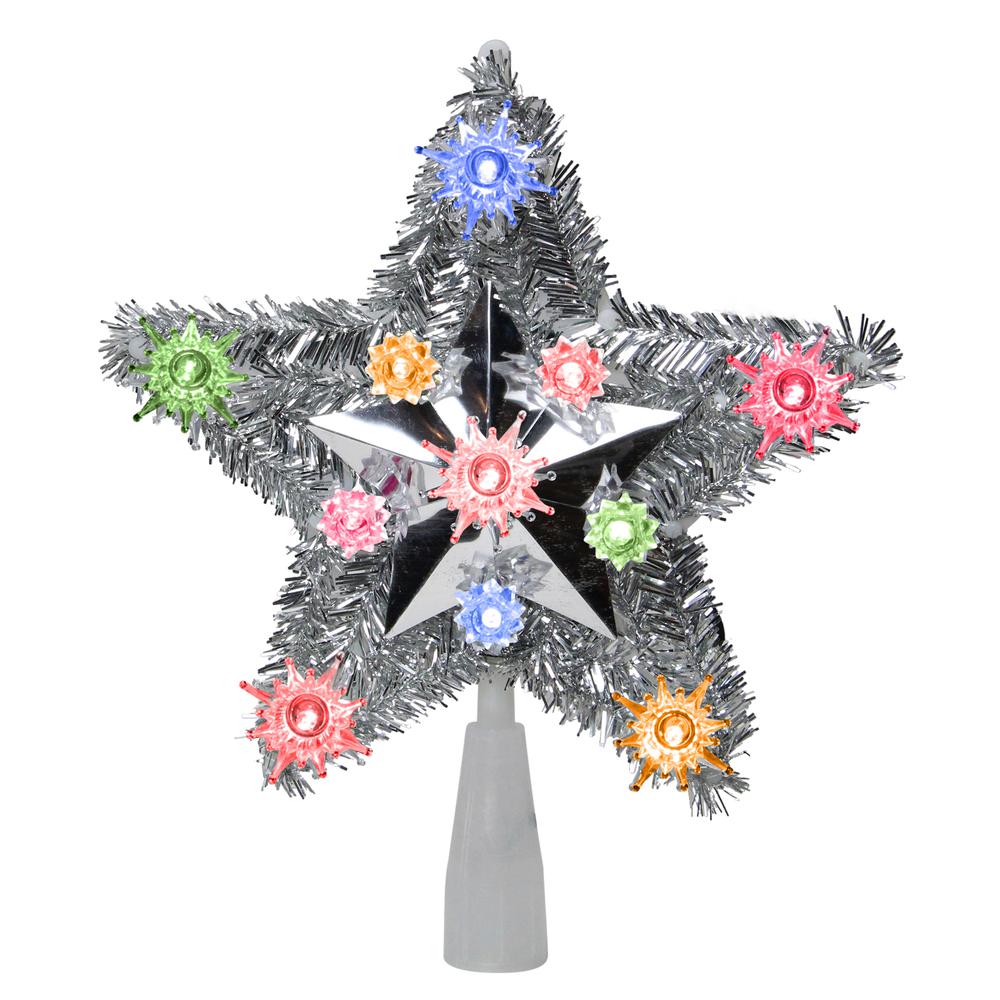 9" Lighted Silver Star Christmas Tree Topper - Multicolor Lights. Picture 1