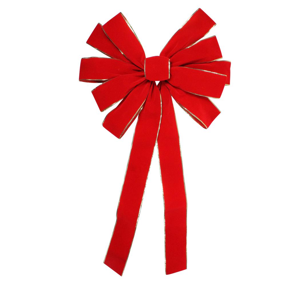 24" x 42" Large Red 11-Loop Velveteen Christmas Bow with Gold Trim. Picture 1