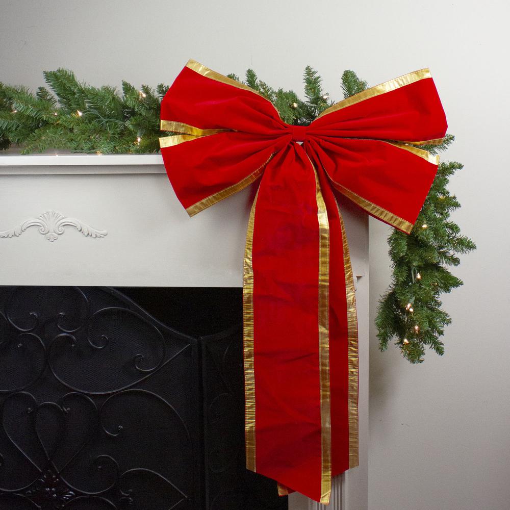 24" x 38" Red and Gold 4-Loop Velveteen Christmas Bow Decoration. Picture 2
