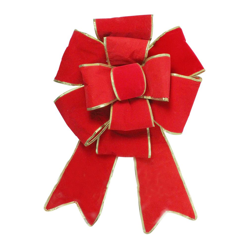 40" Giant Red 3D 11-Loop Velveteen Christmas Bow with Gold Trim. Picture 1
