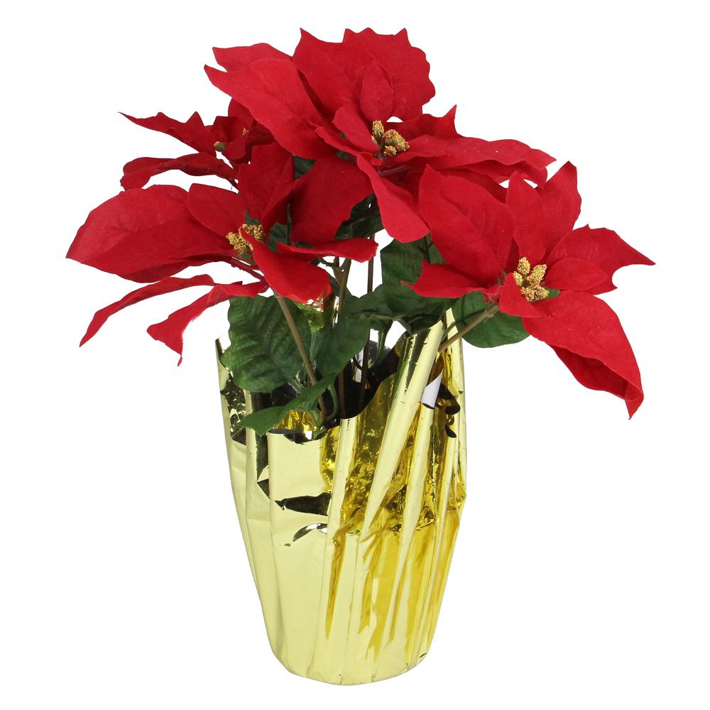 16" Red Artificial Christmas Poinsettia Arrangement with Gold Wrapped Pot. Picture 1