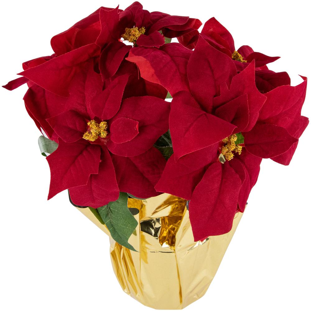 16" Red Artificial Christmas Poinsettia Arrangement with Gold Wrapped Pot. Picture 3