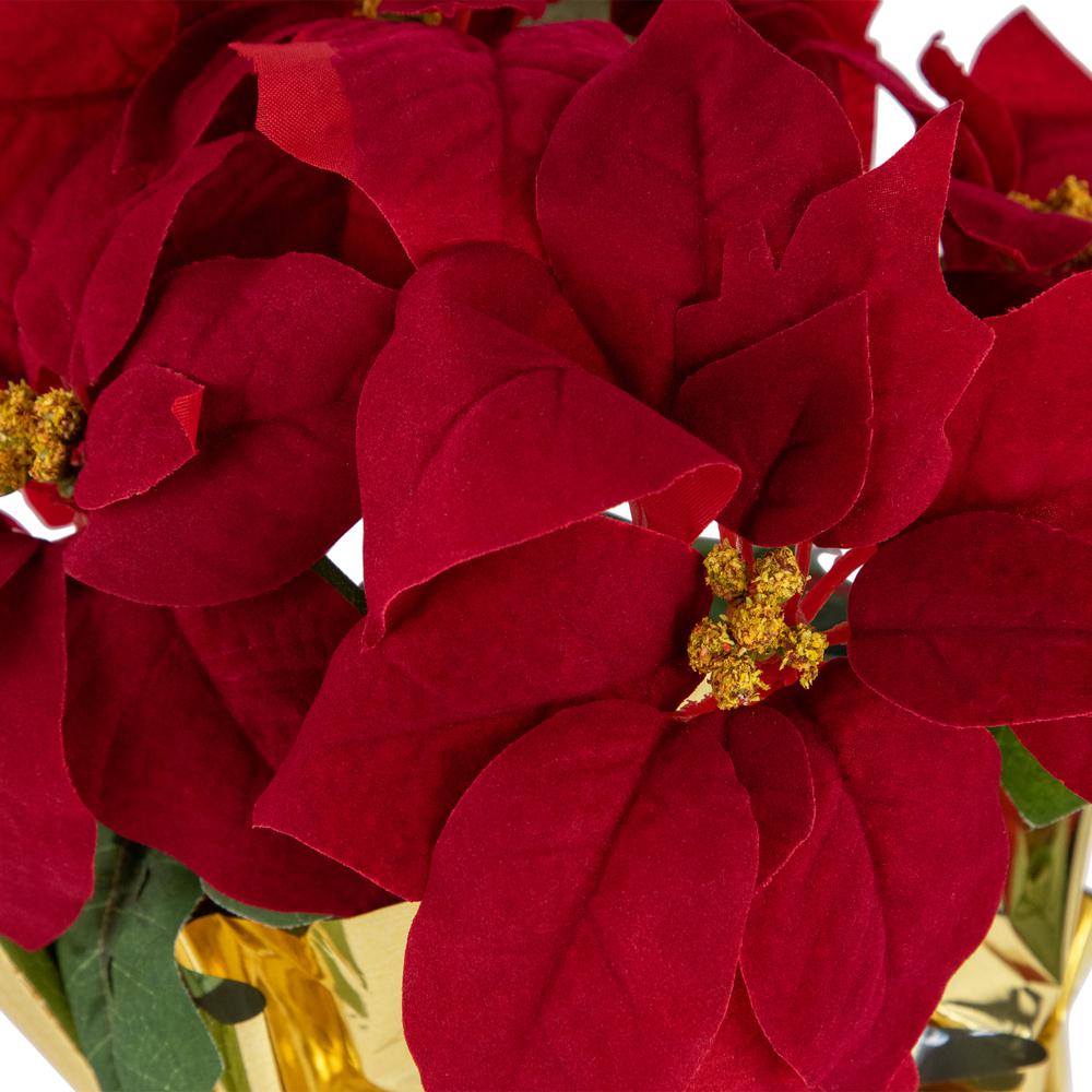16" Red Artificial Christmas Poinsettia Arrangement with Gold Wrapped Pot. Picture 4