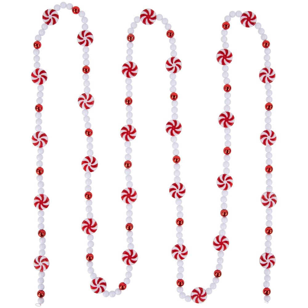 9' Red and White Peppermint Candy Beaded Christmas Garland  Unlit. Picture 1