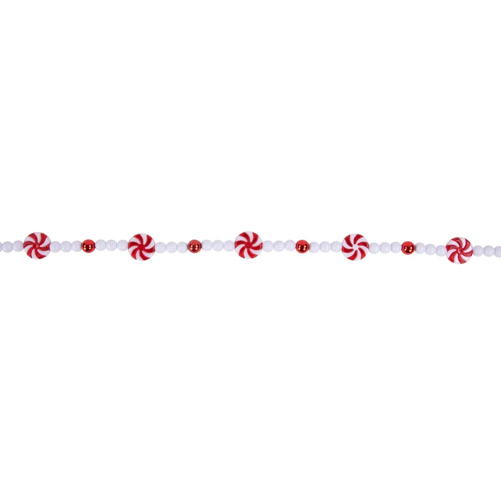 9' Red and White Peppermint Candy Beaded Christmas Garland  Unlit. Picture 5