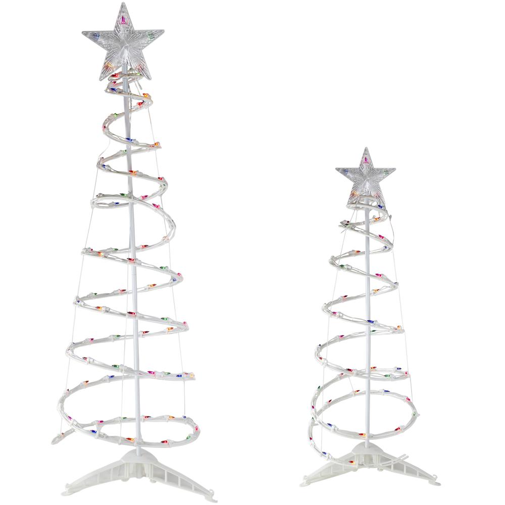 Set of 2 Lighted Multi-Color Outdoor Spiral Christmas Cone Trees 4'  6'. Picture 1