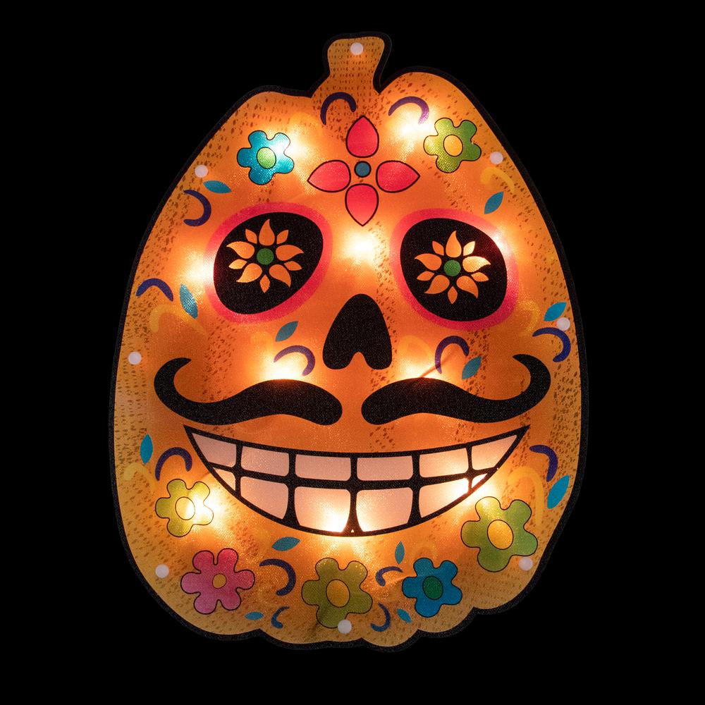 15" Lighted Sugar Skull Pumpkin Halloween Window Silhouette. Picture 3