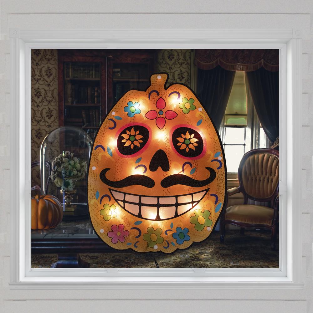 15" Lighted Sugar Skull Pumpkin Halloween Window Silhouette. Picture 2