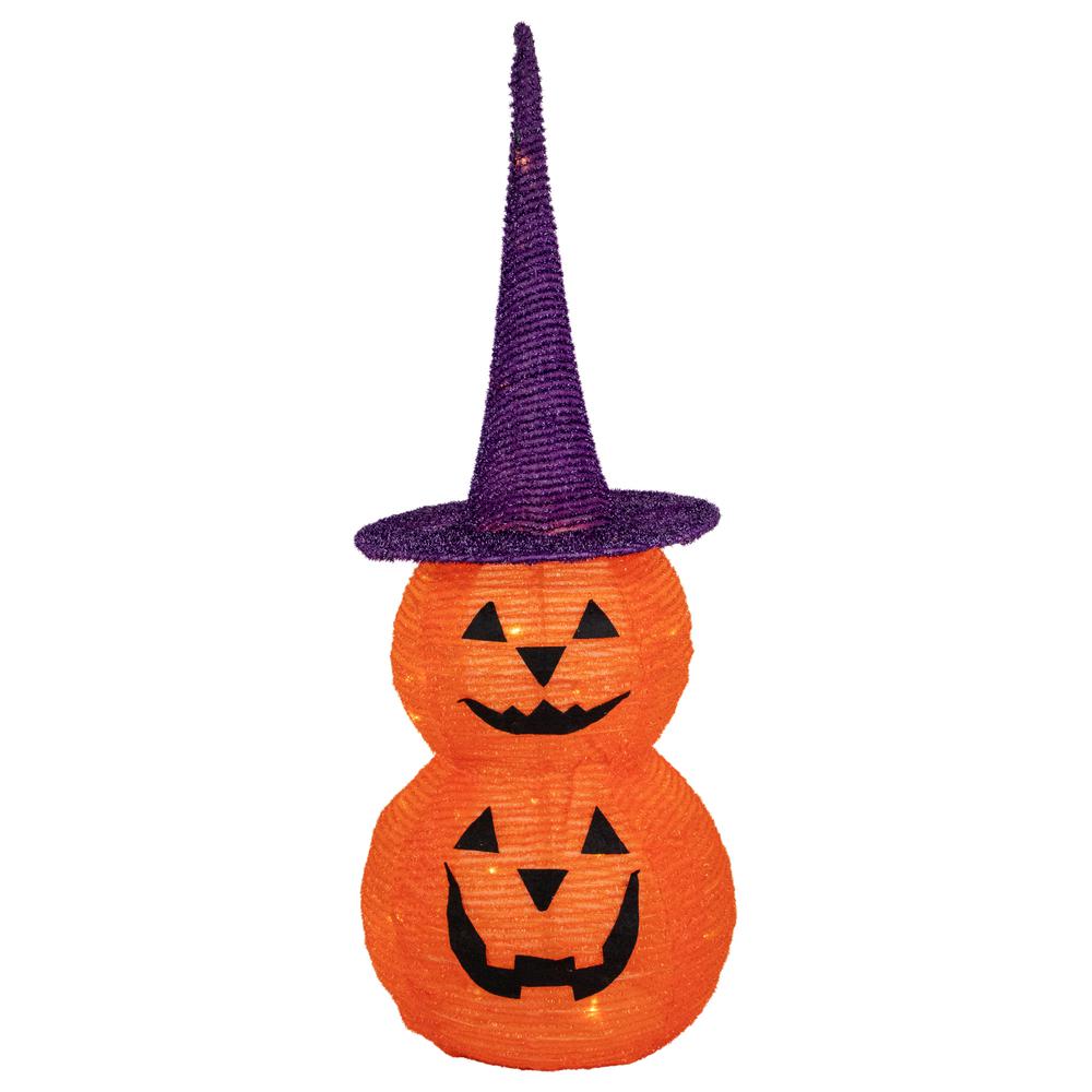 30" Pop Up Lighted Tinsel Stacked Jack-O-Lanterns Halloween Decoration. Picture 1